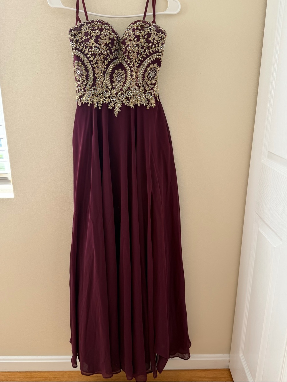 Elegant Burgundy Embellished Evening Gown